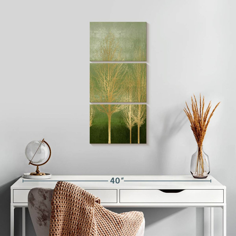 Arbres dorés sur panneau I, H 27 po x l 12 po