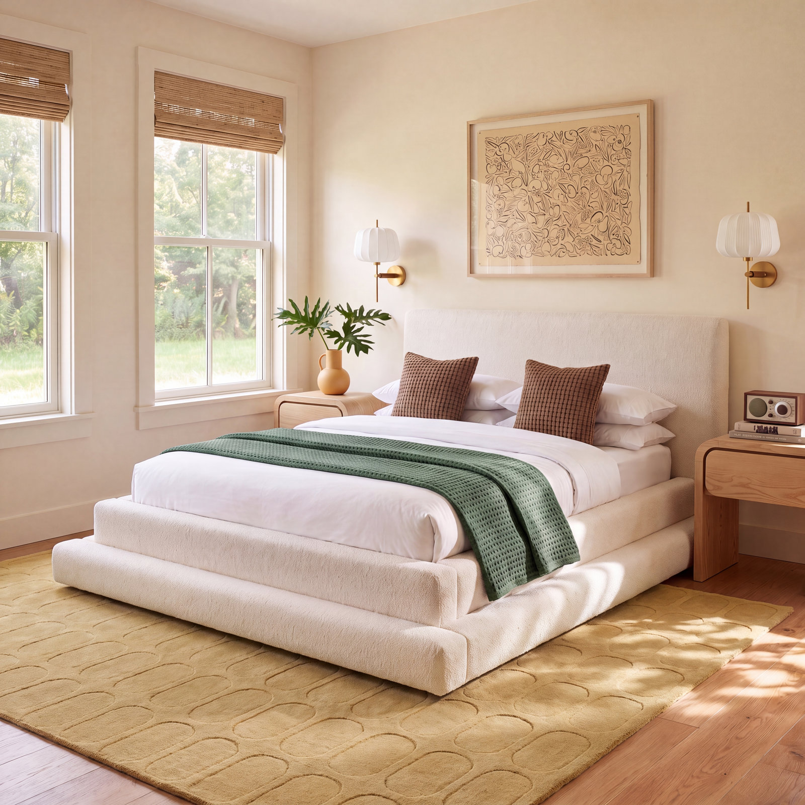 Hoffarth Upholstered Bed, King, Cream Faux Shearling Teddy Fabric