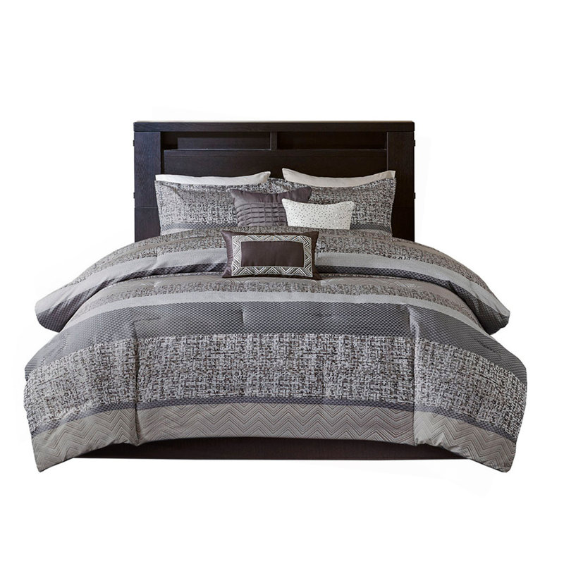 7 Piece Jacquard Comforter Set Grey/Taupe Queen, Queen Comforter + 6 Additional Pieces 