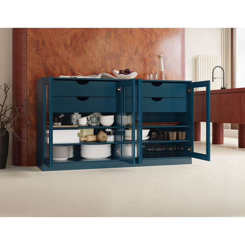 Buffet 100% bois massif 64 po avec portes en verre transparent, 4 tiroirs et tablettes réglables, Sarcelle