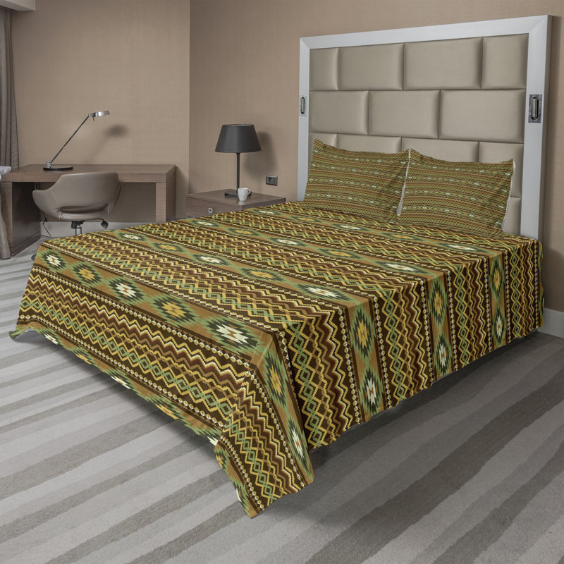 Microfiber Sheet Set, California King Sheet Set with 2 Pillowcases, Khaki/Mustard/Brown Chevron