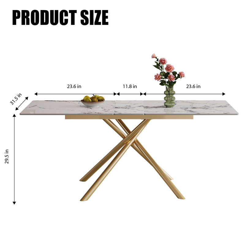 47.2" To 59" Extendable Rectangular Sintered Stone Top & Golden Carbon Steel X-Base Dining Table For 4-6, Gold