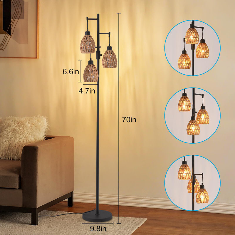 Callynn Boho Rattan 3-Light Floor Lamp With Dimmer - 70" Vintage Standing Lamp For Living Room And Bedroom