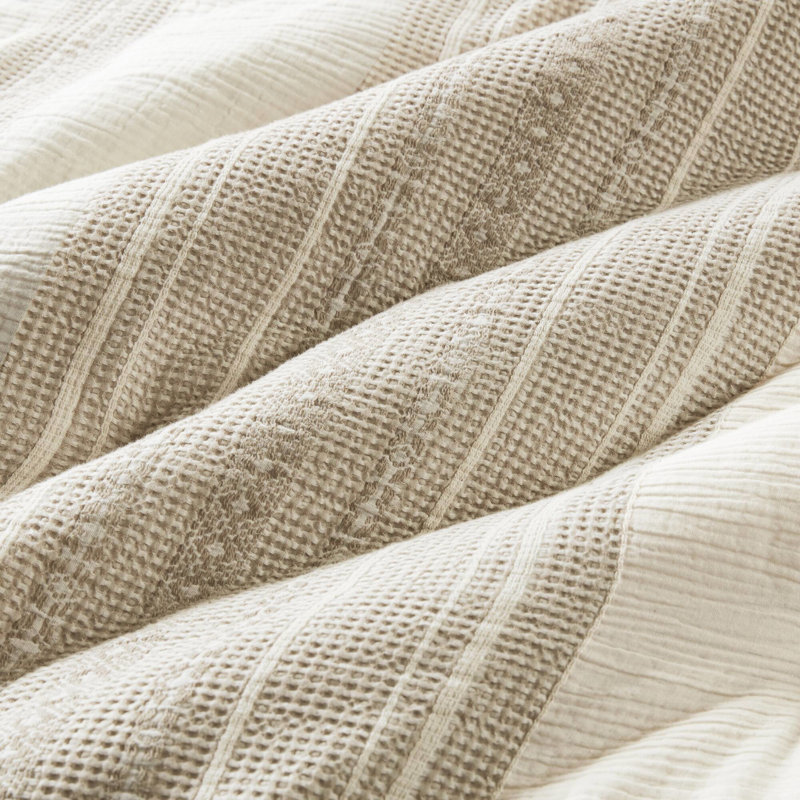Édredon 3 pièces pour très grand / très grand lit - Esthétique avec motif rayé terreux, structure mixte gaufrée et gaze, 100% coton, sommeil relaxant surdimensionné, tout, surpiqûres, très grand, esthétique,