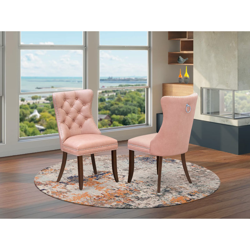 Denison Parson Dining Chairs - Button Tufted Nailhead Beige Red Polyester Fabric Padded Chairs, Set of 2, Mahogany, Beige Red