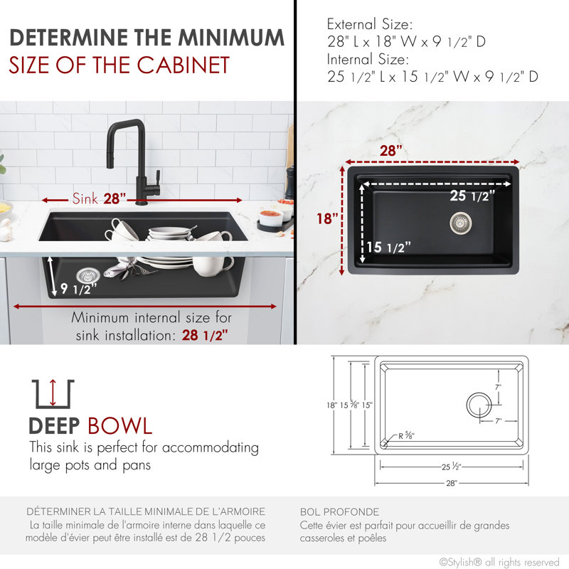 Kinbrook Pietra STY retiree 28” single bowl granite composite kitchen sink, Noir