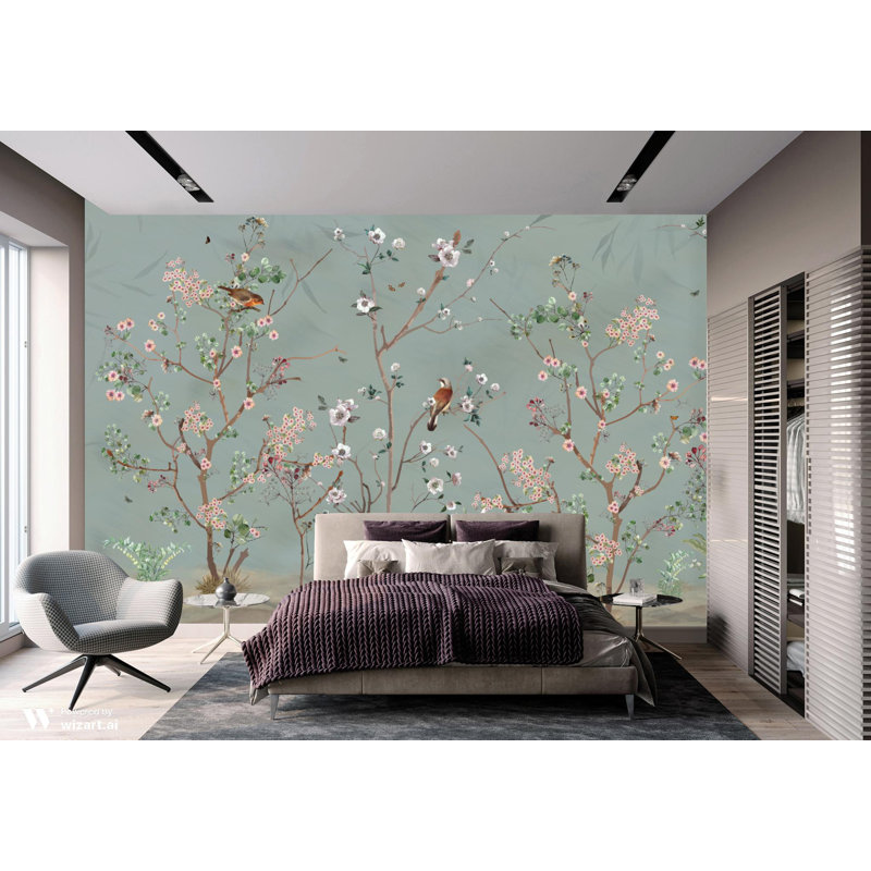 Papier peint floral symphonique peint à la main Serene, L 117,96 po x l 225 po, Vert