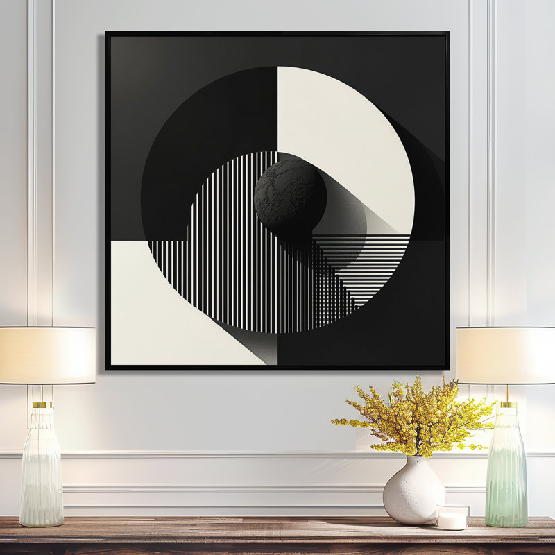 Geometric Balance Monochrome Essence - Minimalism Wall Art Decor, Toile avec cadre flottant noir, H 16 po x l 16 po x P 1 po