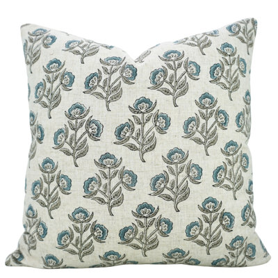 Fabdivine linen pillowcase cushion cover, throw, block print (vishal pushp, blue) 16"x16"