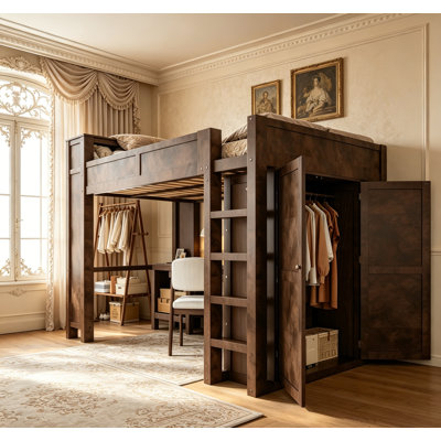 Wooden Queen Loft Bed With Wardrobe, Desk, And Headboard Storage, Space-Saving And Multi-Functional Design, Brown