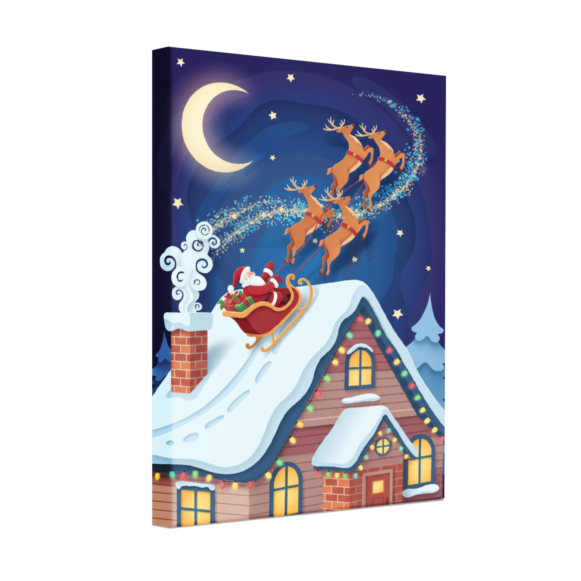 August Grove® Christmas Santa Flying Over Snowy House With Reindeer
