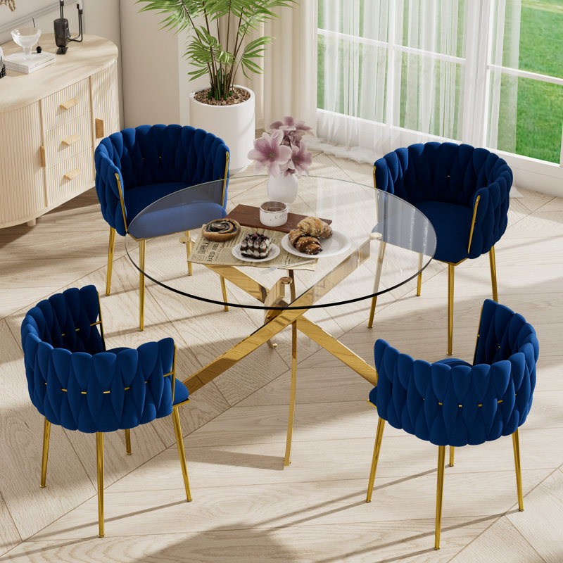 Azaryah 4-Person Dining Set - Blue Velvet & Gold