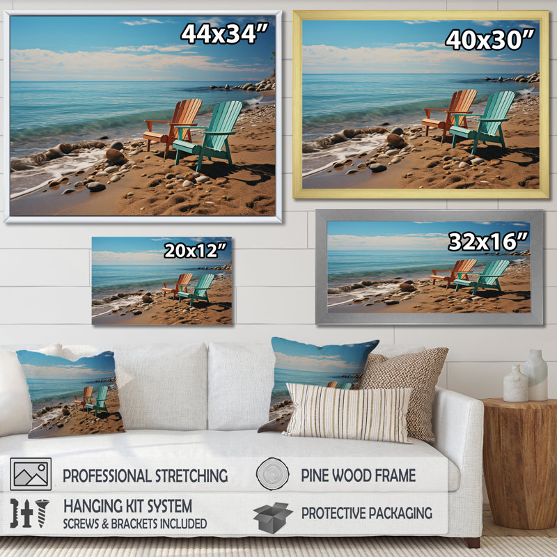 " Teal And Orange Beach Chairs ", 24" H x 32" W x 1" D, Black Picture Framed
