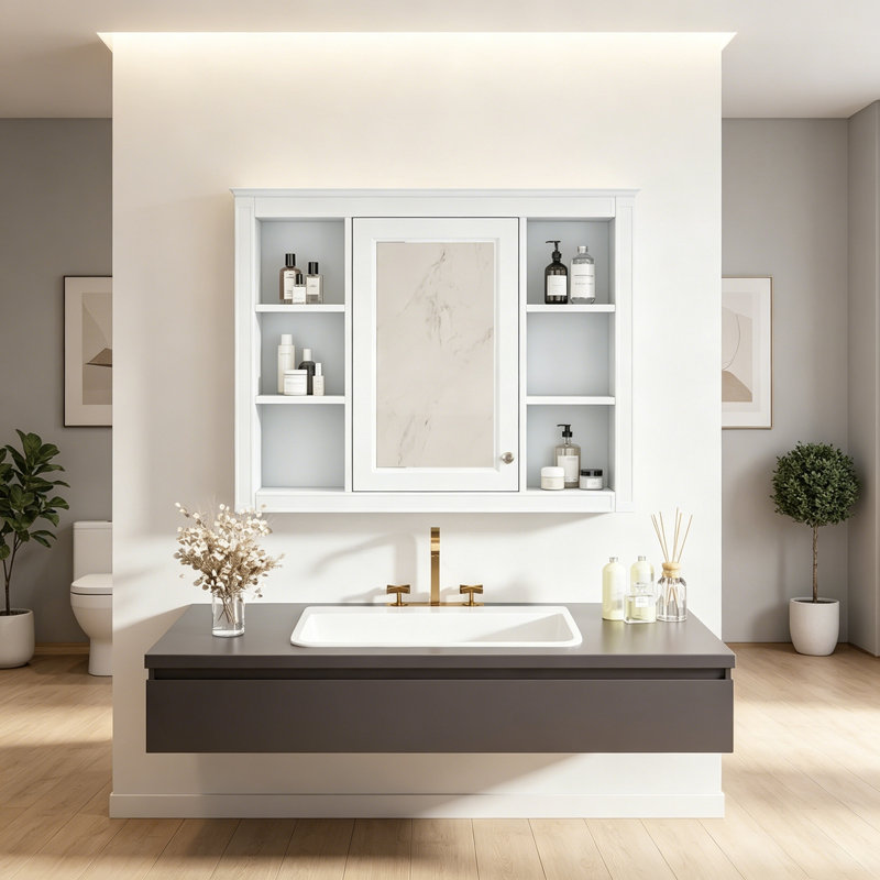 Armoire murale Torynn avec porte miroir et 4 tablettes ouvertes, Blanc