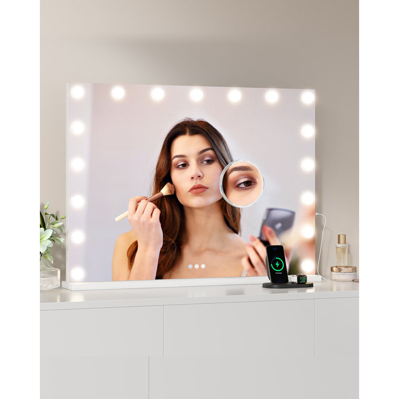 Miroir de salle de bain avec lumières, 32 x 24 pouces, 3 couleurs à intensité variable, grossissement 3X, USB Type-C, blanc