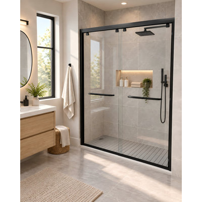 Porte de douche coulissante double encadrée de 142 à 152 cm de largeur x 193 cm de hauteur, porte de baignoire coulissante en verre trempé avec roulettes silencieuses et quincaillerie en acier inoxydable