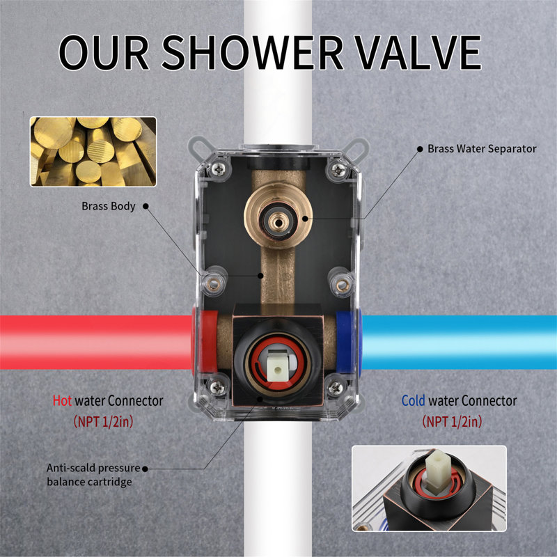 Ensemble de robinet de douche mural avec pomme de douche à effet pluie 10 "et robinet de douche à main, Bronze huilé, bronze