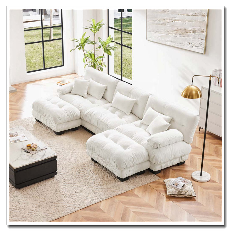 Canapé Cloud, canapé en chenille, Blanc + 3 sièges + 2 chaises