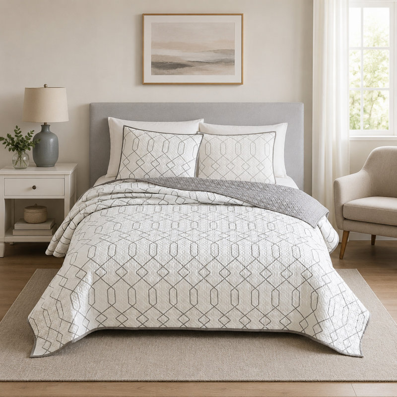  White/Gray Microfiber Reversible 2 Piece Coverlet / Bedspead Set