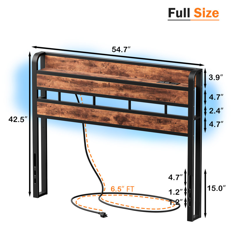 Full/Queen/King Headboard Adjustable Height with LED Light, Backrest with Shelf, Charging Station, Full