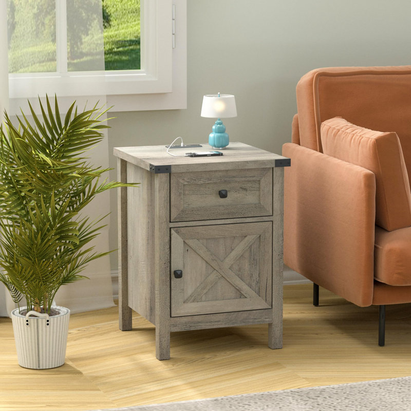 Farmhouse Nightstand With Charging Station, Gray