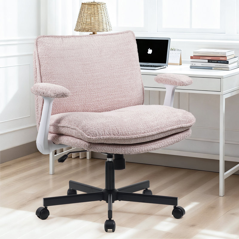 Chaise de bureau à pieds croisés avec accoudoirs rabattables et siège large, chaise de bureau ergonomique en tissu , Rose