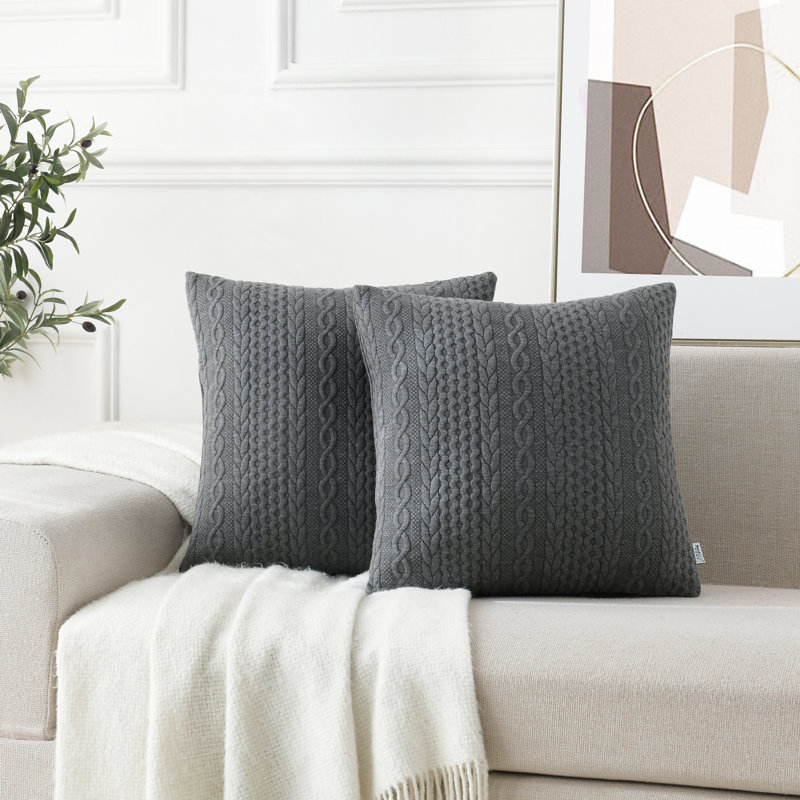 Farmhouse Knitted Modern Embossed Patterned Pillow Cover, Dark Gray, 24"H x 24"W