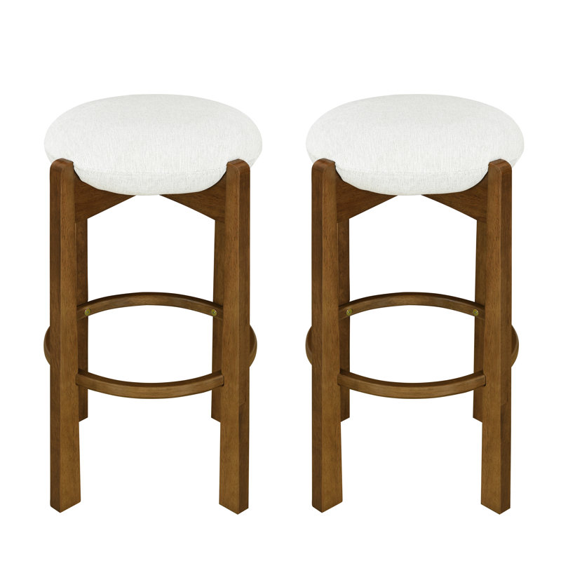 Tabourets de bar rembourrés en bois d'hévéa de style Mid-Century Lunara, Ivory Fabric/Dark Walnut Frame, 2