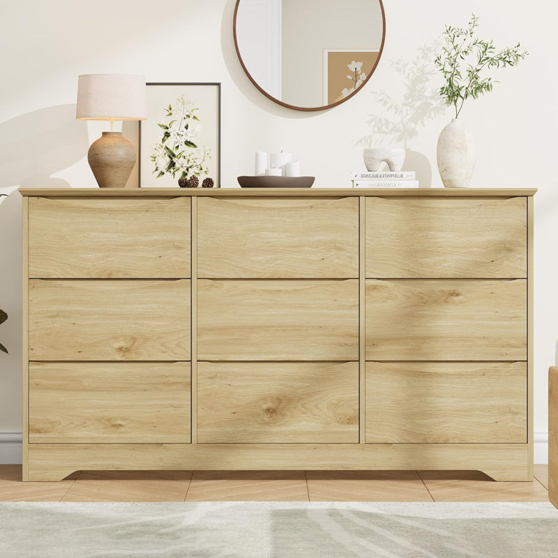 Commode 9 tiroirs en bois pour chambre à coucher, grande commode de rangement avec plateau large, naturel, Ivoire ivoire