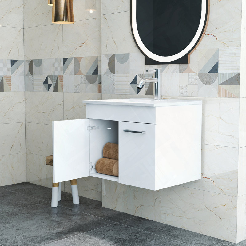 Meuble-lavabo mural avec lavabo double et charnières à fermeture en douceur