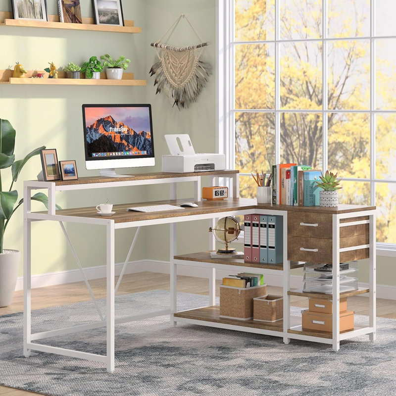 Bureau à domicile en L de 55 pouces avec support pour écran, Naturel