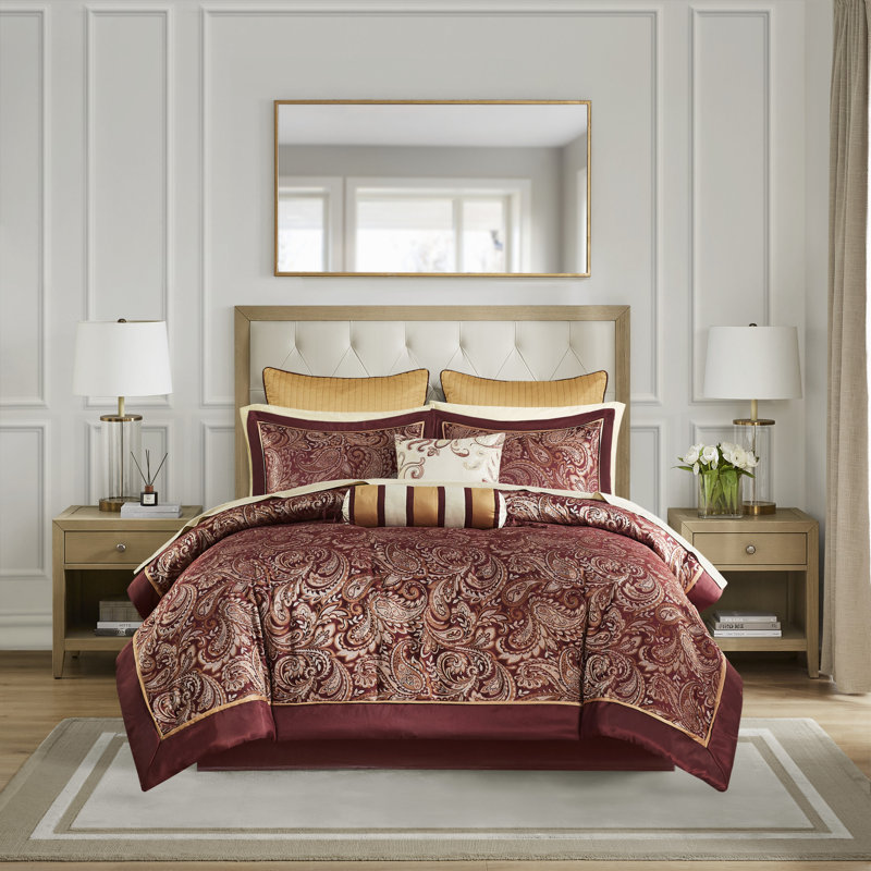 Ensemble d'édredon luxueux 12 pièces à motif cachemire avec draps en coton - Grand, rouge