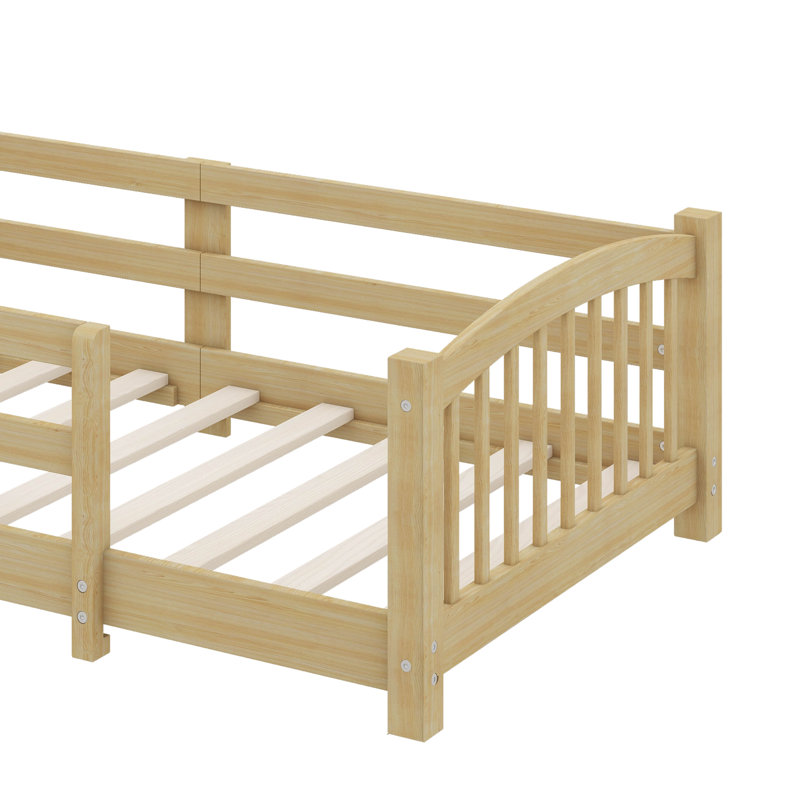 Lit simple au sol de style Montessori avec garde-corps, lit en bois avec lattes et enceinte, sans porte, Lit simple, Naturel