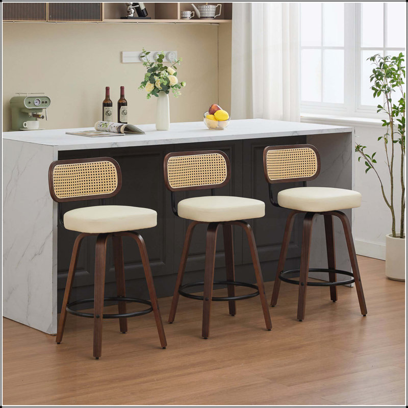 Ensemble de 3 tabourets de bar à hauteur de comptoir avec dossier en canne, siège rembourré et fonction pivotante pour les cuisines et les bars modernes