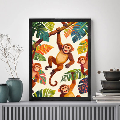 Black Framed Vintage The cheerful monkeys Wall Art Cartoon Style Framed Prints