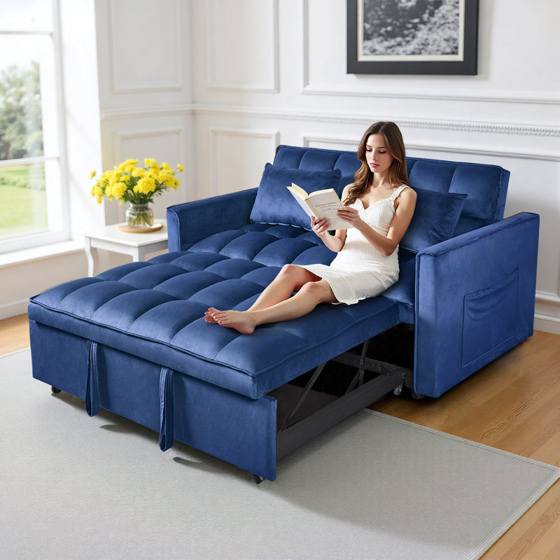 3 in 1 Convertible Sleeper Sofa Bed, Holland Velvet Futon Couches, Chaise Lounge for Living Room with Side Pocket