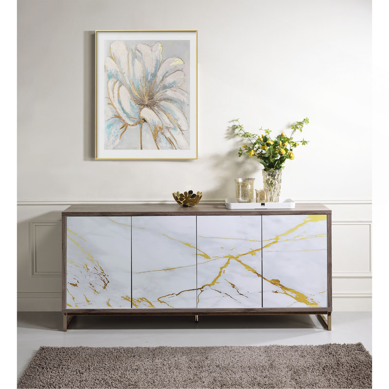 White Marble Paint Finish Console Cabinet