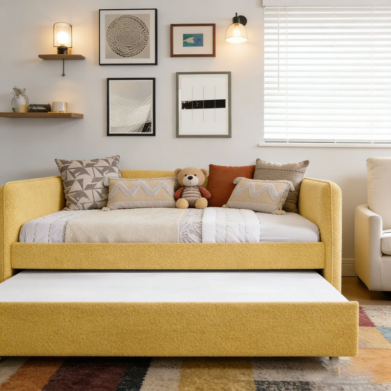 Boucle Fabric Daybed, Yellow-Trundle, Full