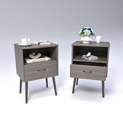 Two Of Stylish Grey Nightstand, With Open Shelf And Storage Drawers, For Bedrooms Small Dormitory Spaces Apartment