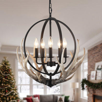 5 - Light 20.47'' Dimmable Rustic Farmhouse Globe Chandelier With Antlers Shade Made of Resin Material