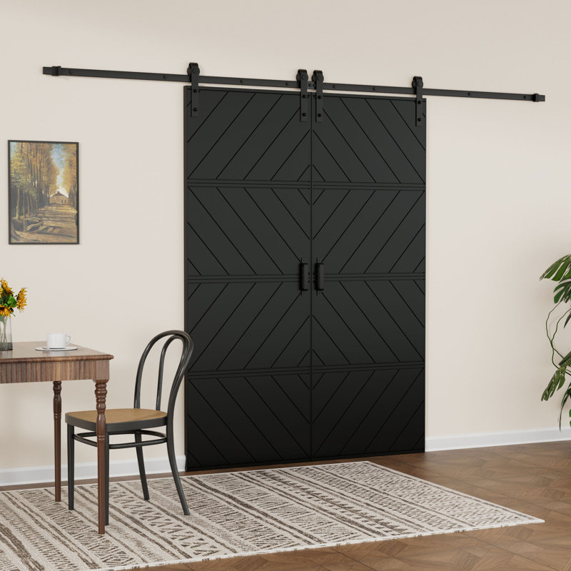 Porte de grange coulissante double 60 "x 84" noire à motif ondulé moderne avec trousse de quincaillerie d'installation (assemblage facile)