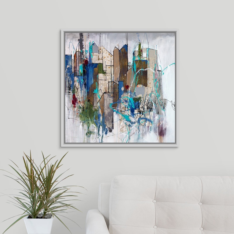 « stomping ground oreillers », peinture sur toile, H 25,7 po x l 25,7 po x P 1,75 po, Cadre flottant blanc
