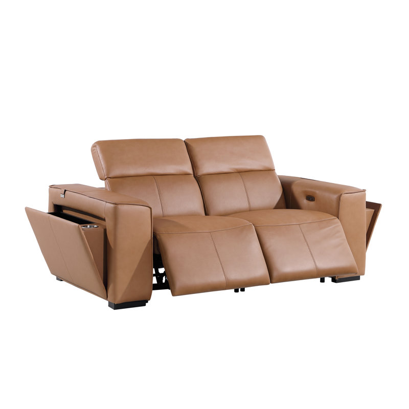 Top Grain Italian Leather Modular Power Dual Reclining Loveseat With Power Headrests, Cognac