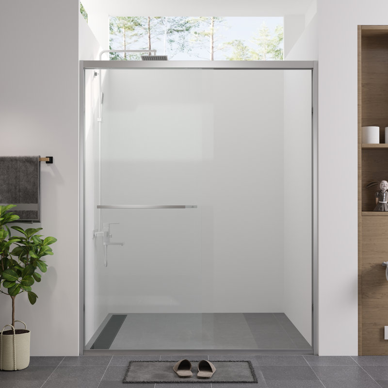 Porte de douche coulissante double de 56 à 60 po de largeur avec verre trempé de 1/4 po (6 mm), quincaillerie rouille, boîtier de conception américaine pour verre de salle de bain fini facile à installer et sécuritaire