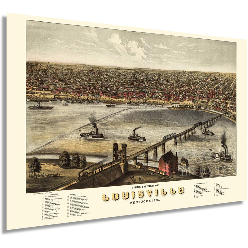«Vintage 1876 Louisville Kentucky Map», reproduction d'art graphique sur papier sans cadre, H 24 po x l 36 po x P 0,1 po