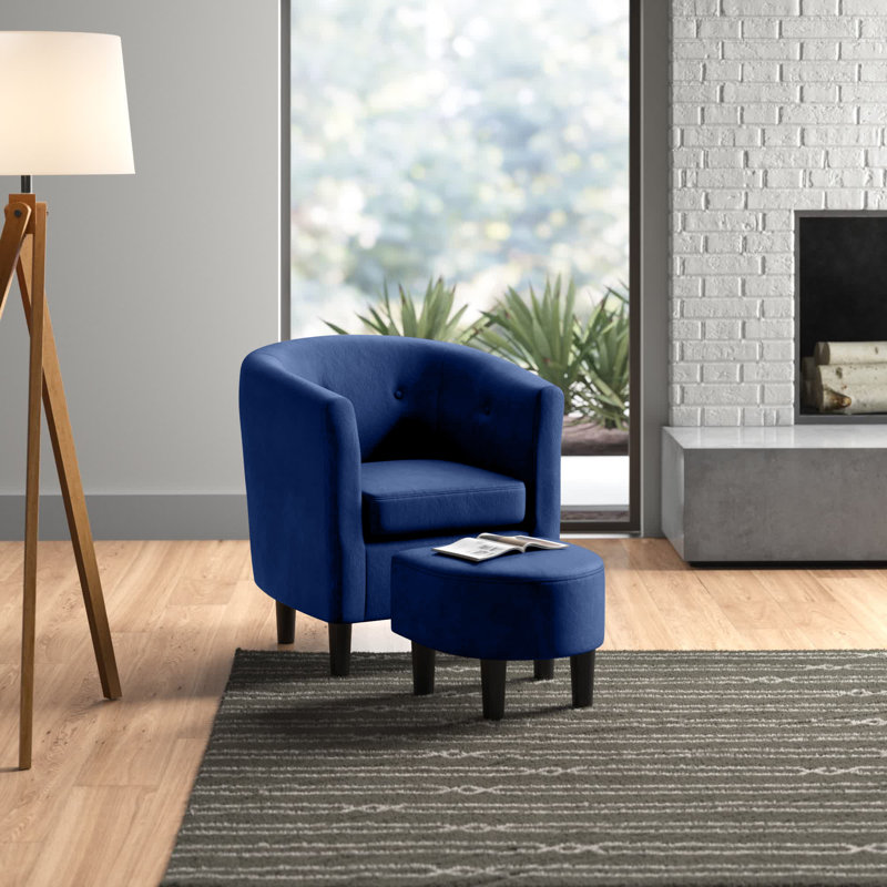Blue Polyester Blend Barrel Chair with Ottoman and Wood Frame