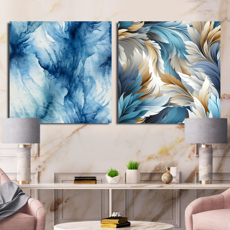 Encre de marbre bleue et blanche Shibori II - ensemble de 2 collages carrés abstraits, H 36 po x l 73 po, Toile tendue