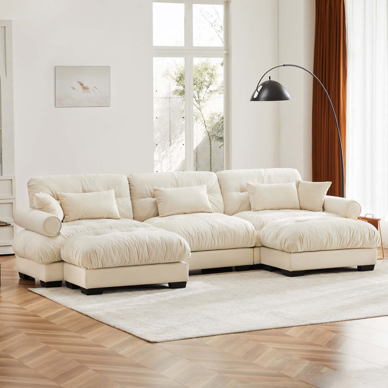 U-Shape 3 Deep Seat Modular Sofa Couch With 2 Movable Ottomans, Cream Velvet