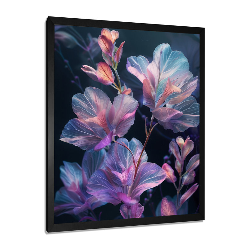 Rose rose, bleu, fleur de pomme II, Cadre simple noir, bois massif, H 12 po x l 20 po