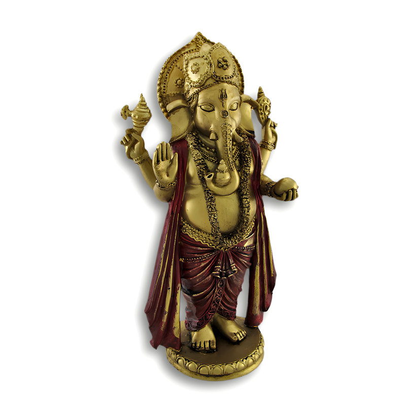 Statuette de table asiatique de Ganesha hindou doré, vêtu de rouge, en résine coulée à froid, 23,5 cm de haut.